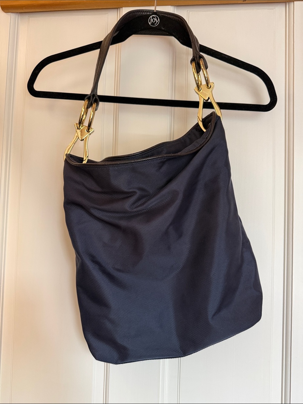 Dark Blue Nylon Shoulder Bag with Gold Hardware and Leather Strap